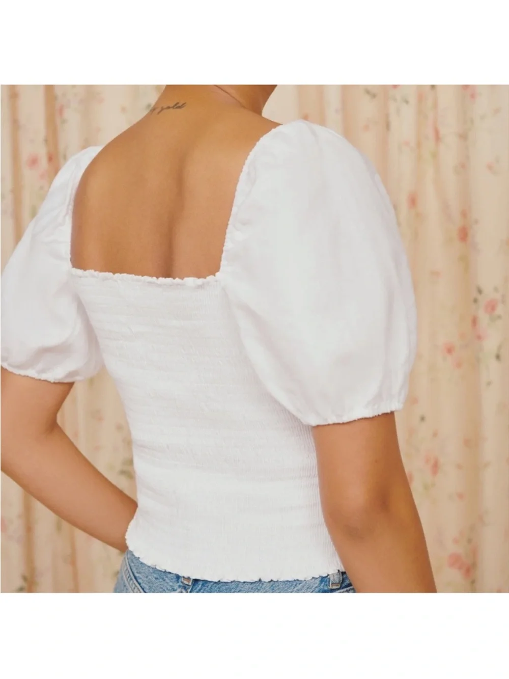 Reformation White Sweetheart Corset Puff-Sleeve Top